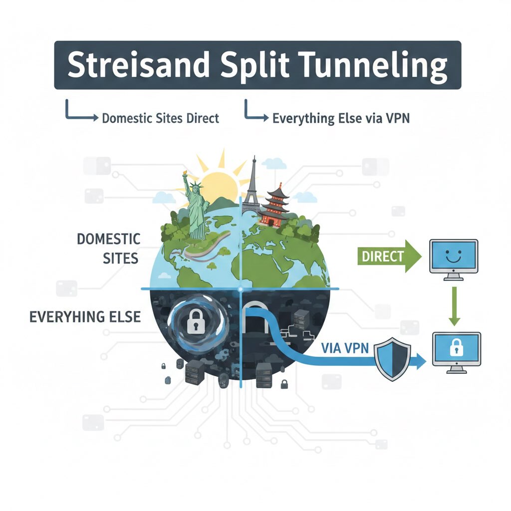 Streisand Split Tunneling: Domestic Sites Direct, Everything Else via VPN